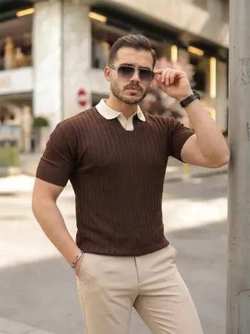 Erkek Yaka Detaylı Desen Dokulu Triko Tişört - 2XL - Acı Kahve