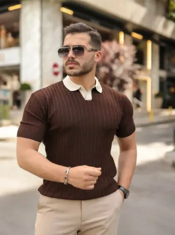 Erkek Yaka Detaylı Desen Dokulu Triko Tişört - 2XL - Acı Kahve