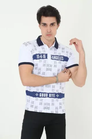 Erkek Yakalı Slim Fit Baskılı T-Shirt - Beyaz - S - Beyaz