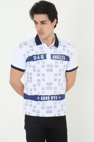 Erkek Yakalı Slim Fit Baskılı T-Shirt - Beyaz - S - Beyaz