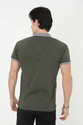 Erkek Yakalı Slim Fit Baskılı T-Shirt - Haki - S - Haki