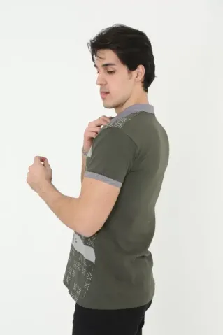 Erkek Yakalı Slim Fit Baskılı T-Shirt - Haki - S - Haki