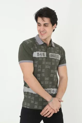 Erkek Yakalı Slim Fit Baskılı T-Shirt - Haki - S - Haki