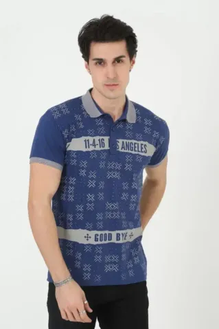 Erkek Yakalı Slim Fit Baskılı T-Shirt - Mavi - M - Mavi