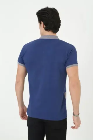 Erkek Yakalı Slim Fit Baskılı T-Shirt - Mavi - M - Mavi