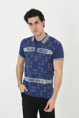 Erkek Yakalı Slim Fit Baskılı T-Shirt - Mavi - M - Mavi