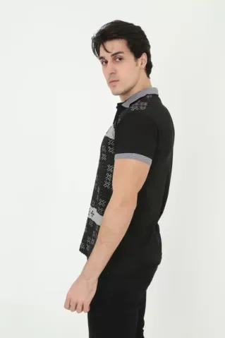 Erkek Yakalı Slim Fit Baskılı T-Shirt - Siyah - M - Siyah
