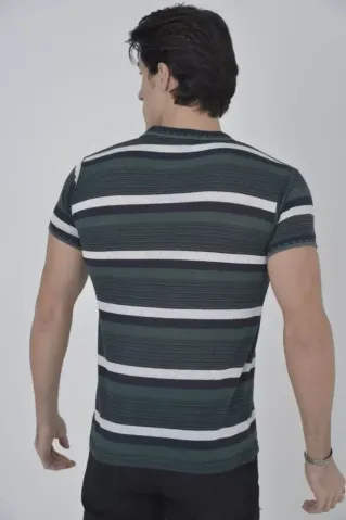 Erkek Yakalı Slim Fit Dokuma Çizgili T-Shirt - Haki - L - Haki