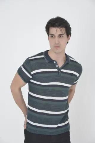 Erkek Yakalı Slim Fit Dokuma Çizgili T-Shirt - Haki - M - Haki
