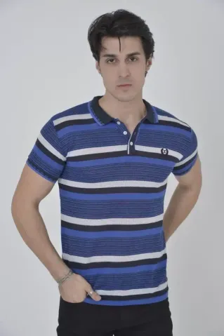 Erkek Yakalı Slim Fit Dokuma Çizgili T-Shirt - Mavi - L - Mavi