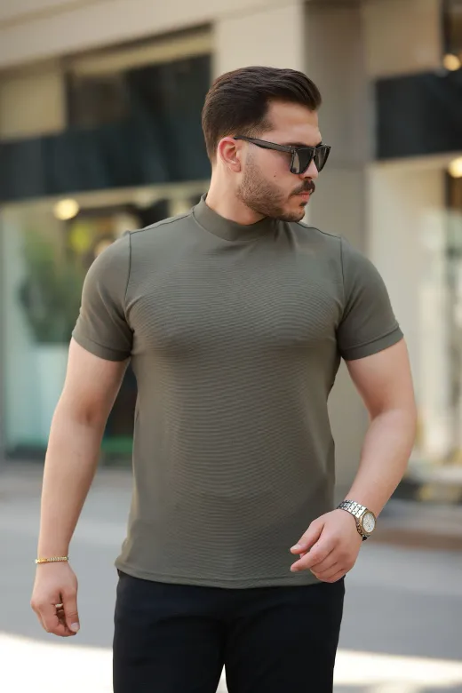 Erkek Yarım Balıkçı Yaka Kısa Kollu T-shirt - 2XL - Haki