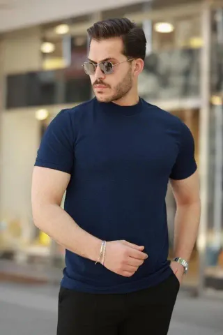 Erkek Yarım Balıkçı Yaka Kısa Kollu T-shirt - 2XL - Lacivert