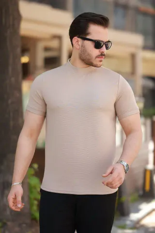 Erkek Yarım Balıkçı Yaka Kısa Kollu T-shirt - XL - Bej
