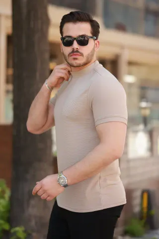 Erkek Yarım Balıkçı Yaka Kısa Kollu T-shirt - XL - Bej
