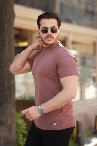 Erkek Yarım Balıkçı Yaka Kısa Kollu T-shirt - XL - Gül Kurusu