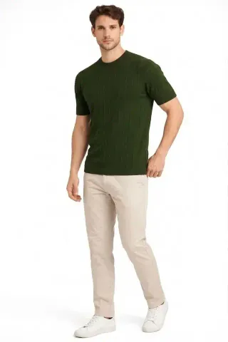 Erkek Yazlık Fitilli Triko Tişört Kısa Kol Bisiklet Yaka T-Shirt - Haki - XL - Haki