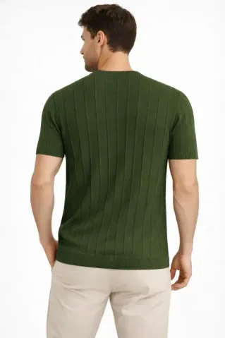 Erkek Yazlık Fitilli Triko Tişört Kısa Kol Bisiklet Yaka T-Shirt - Haki - XL - Haki