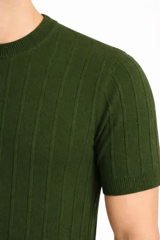 Erkek Yazlık Fitilli Triko Tişört Kısa Kol Bisiklet Yaka T-Shirt - Haki - M - Haki