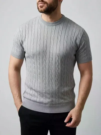 Erkek Yazlık Triko Dokuma Tişört Kısa Kol Bisiklet Yaka Örgü Desenli T-Shirt - Gri - 2XL - Gri