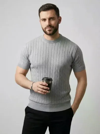 Erkek Yazlık Triko Dokuma Tişört Kısa Kol Bisiklet Yaka Örgü Desenli T-Shirt - Gri - M - Gri