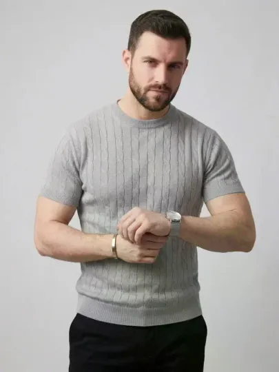 Erkek Yazlık Triko Dokuma Tişört Kısa Kol Bisiklet Yaka Örgü Desenli T-Shirt - Gri - M - Gri