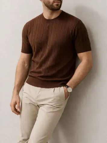 Erkek Yazlık Triko Dokuma Tişört Kısa Kol Bisiklet Yaka Örgü Desenli T-Shirt - Kahverengi - XL - Kahverengi