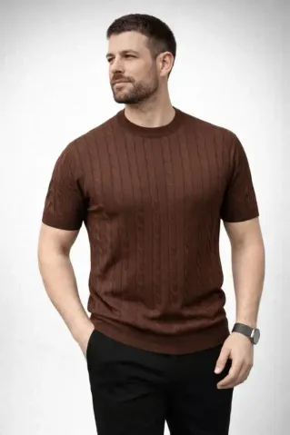 Erkek Yazlık Triko Dokuma Tişört Kısa Kol Bisiklet Yaka Örgü Desenli T-Shirt - Kahverengi - XL - Kahverengi