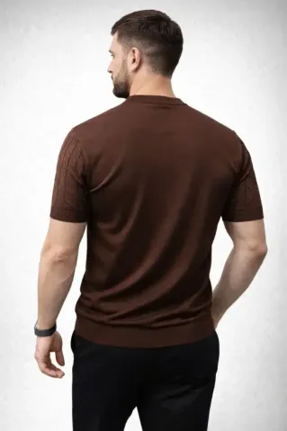 Erkek Yazlık Triko Dokuma Tişört Kısa Kol Bisiklet Yaka Örgü Desenli T-Shirt - Kahverengi - XL - Kahverengi
