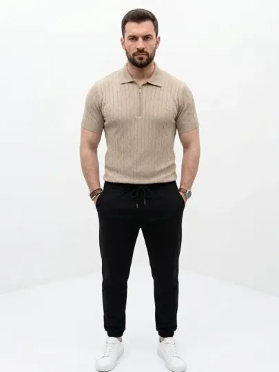Erkek Yazlık Triko Saç Örgü Tişört Kısa Kol Polo Yaka Fermuarlı T-Shirt - Bej - 2XL - Bej