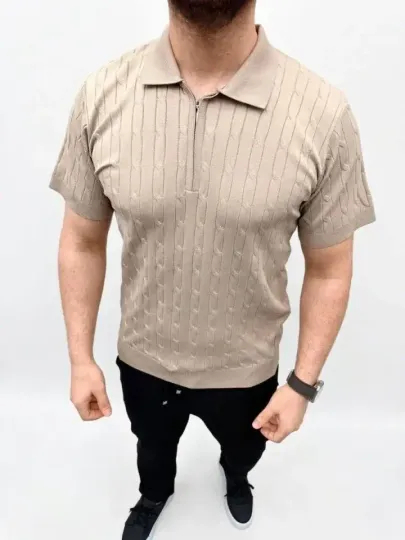 Erkek Yazlık Triko Saç Örgü Tişört Kısa Kol Polo Yaka Fermuarlı T-Shirt - Bej - 2XL - Bej