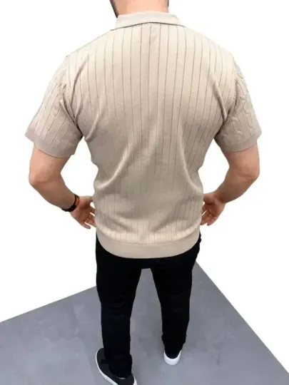 Erkek Yazlık Triko Saç Örgü Tişört Kısa Kol Polo Yaka Fermuarlı T-Shirt - Bej - M - Bej