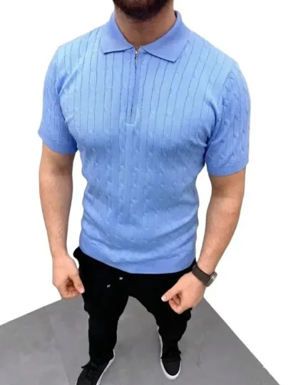 Erkek Yazlık Triko Saç Örgü Tişört Kısa Kol Polo Yaka Fermuarlı T-Shirt - Bebe Mavisi - S - Bebe Mavisi
