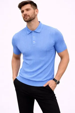 Erkek Yazlık Triko Tişört Kısa Kol Polo Yaka Düğmeli T-Shirt - Bebek Mavisi - XL - Bebek Mavisi