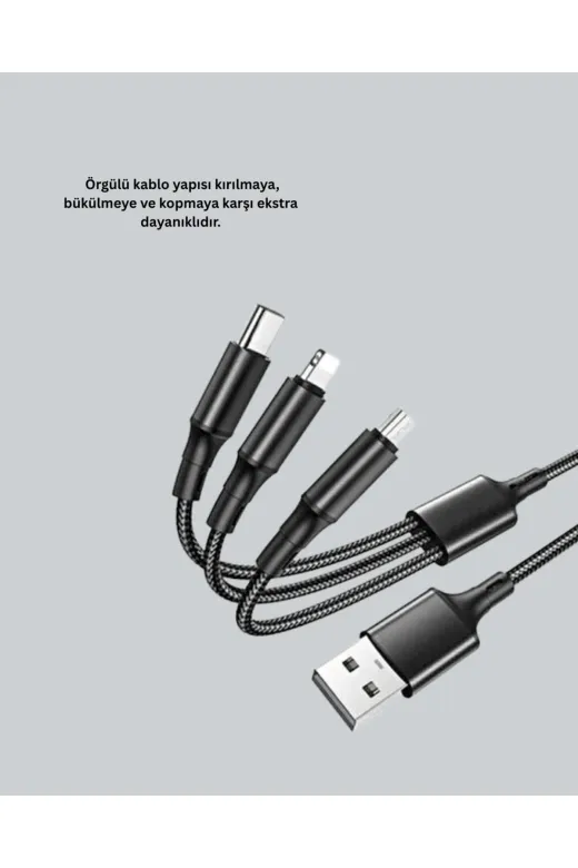 Ethab Giyim GLST2461-3109 Dayanıklı Metal Başlıklı 3’Ü 1 Arada Şarj Kablosu – Tüm Cihazlarla Uyuml - Glst2461-310