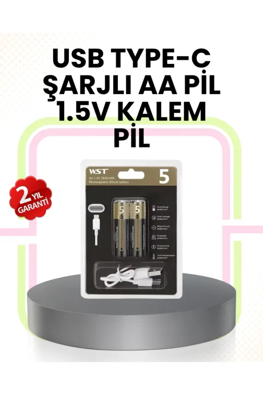 Ethab Giyim Tekrar Şarj Edilebilir Aa Usb Type-C Pil | 1000+ Döngü | 1.5V Sabit Voltaj - Glst3451-5105
