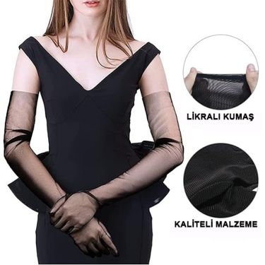ETT 562741421540 Uzun Boy Likralı Siyah Yetişkin Mega Tül Eldiven
