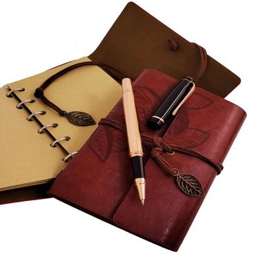 ETT 562741422896 Özel Ahşap Kutulu Kahve Deri Defter Ve Bakır Roller Kalem Set