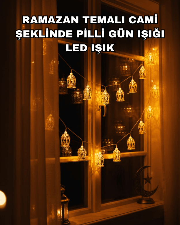 Ev Dekoru İçin Ramazan LED Işık Pilli Sıcak Sarı Cami Figürlü