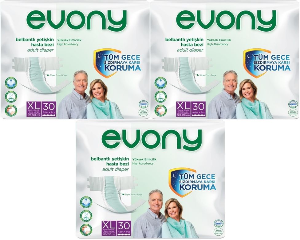 Evony Yetişkin Bezi Bel Bantlı Tekstil Yüzey Ekstra Büyük (XL) 90 Adet (3PK*30)