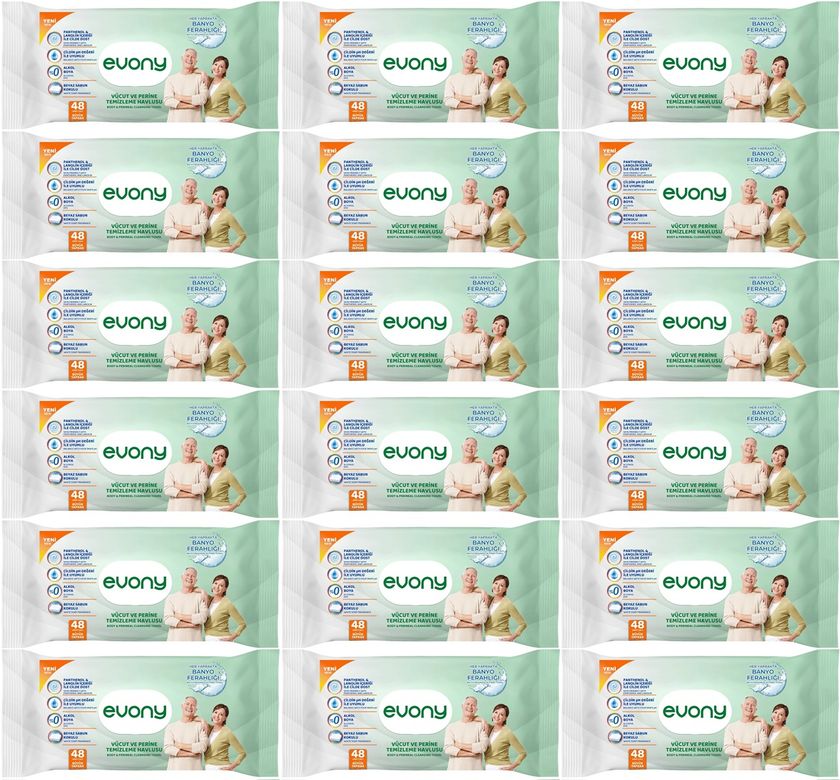 Evony Yetişkin Vücut Perine Temizleme Islak Mendil Havlu 48 Yaprak XL Banyo Ferahlığı (18 Li Set)