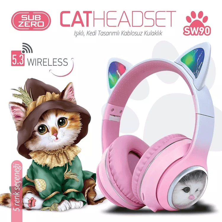 ewJFdVNWRa Subzero Sw90 Bluetooth Renkli Kedi Kulaklık