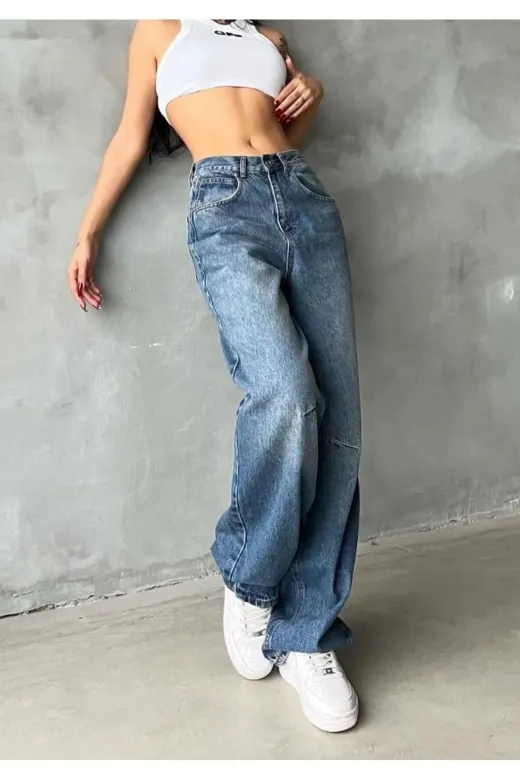 Exporanto BAGGYDRS4 Diane Orta Mavi Toka Detaylı Bol Kesim Geniş Paça Rahat Baggy Jean Kot Salaş Kadın Pantolon