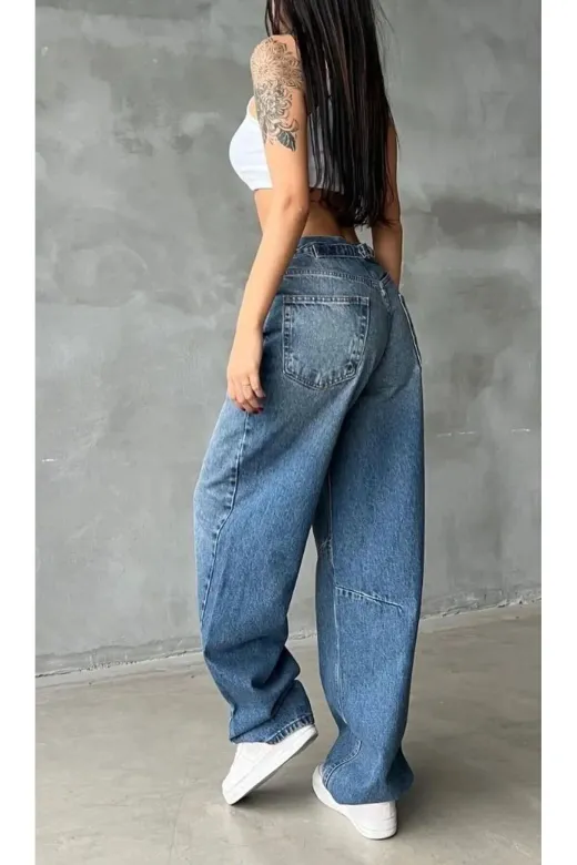 Exporanto BAGGYDRS4 Diane Orta Mavi Toka Detaylı Bol Kesim Geniş Paça Rahat Baggy Jean Kot Salaş Kadın Pantolon
