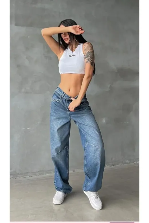 Exporanto BAGGYDRS4 Diane Orta Mavi Toka Detaylı Bol Kesim Geniş Paça Rahat Baggy Jean Kot Salaş Kadın Pantolon
