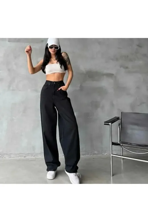 Exporanto BAGGYDRS7 Avril Baggy Asit Yıkama Toka Detaylı Bol Kesim Geniş Paça Rahat Baggy Jean Kot Salaş Kadın Pantolon
