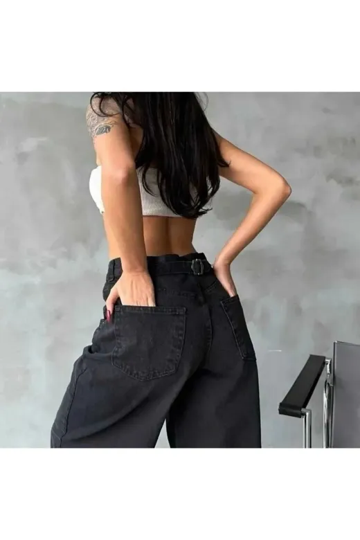 Exporanto BAGGYDRS7 Avril Baggy Asit Yıkama Toka Detaylı Bol Kesim Geniş Paça Rahat Baggy Jean Kot Salaş Kadın Pantolon
