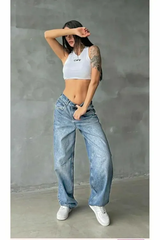 Exporanto BAGGYDRS7 Talya Mavi Kar Yıkama Toka Detaylı Bol Kesim Geniş Paça Rahat Baggy Jean Kot Salaş Kadın Pantolon