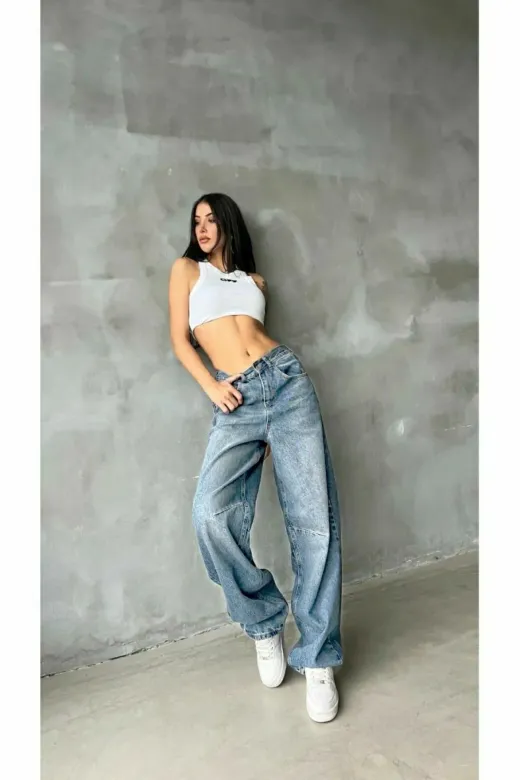 Exporanto BAGGYDRS7 Talya Mavi Kar Yıkama Toka Detaylı Bol Kesim Geniş Paça Rahat Baggy Jean Kot Salaş Kadın Pantolon