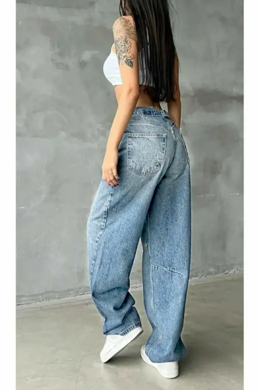 Exporanto BAGGYDRS7 Talya Mavi Kar Yıkama Toka Detaylı Bol Kesim Geniş Paça Rahat Baggy Jean Kot Salaş Kadın Pantolon
