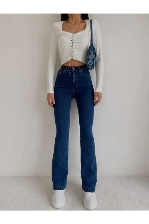 Exporanto isp008 All Star Ispanyol Women Koyu Mavi Ispanyol Paça Kot Pantolon Yüksek Bel Ispanyol Jeans Toparlayıcı